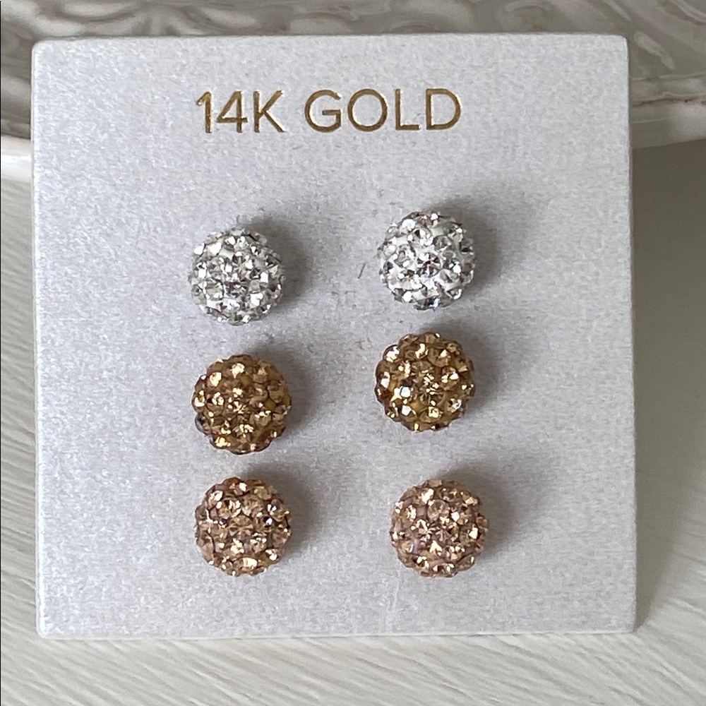 14K Gold Silver & Rose Gold Stud Earrings 3 Pairs